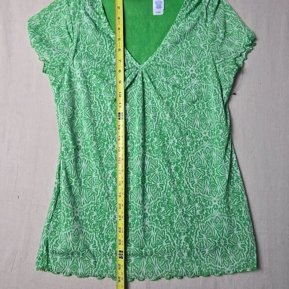Lizwear Top Pull-On V-Neck Lined Ruffled Hem Short Sleeve Green/White Size M - Picture 4 of 9